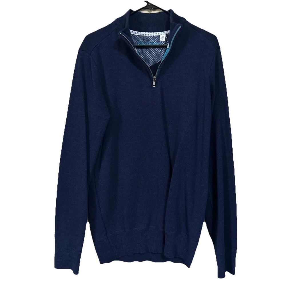 Robert Graham Sweater Men's L Blue Cotton Classic Fit 1/4 Zip Pullover Mock Neck